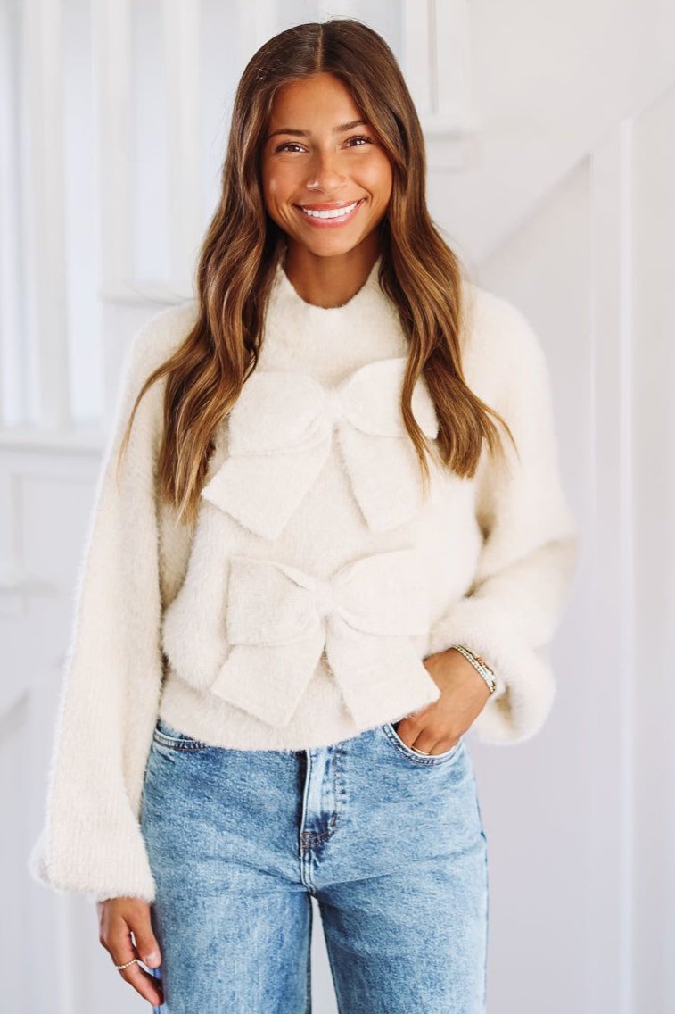 Not So Simple Knit Bow Top - Taupe-HAZEL & OLIVE-Small-