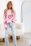 HAZEL & OLIVE Open Hearts Oversized Sweater - Pink and Fuchsia