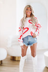HAZEL & OLIVE Open Hearts Oversized Sweater - White and Red