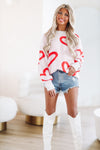 HAZEL & OLIVE Open Hearts Oversized Sweater - White and Red