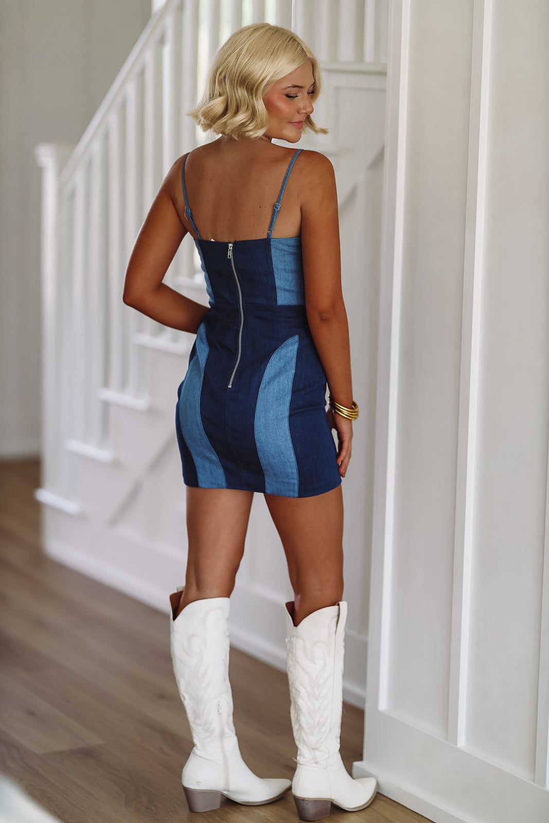 Patchwork Denim Mini Dress Denim – Hazel Olive