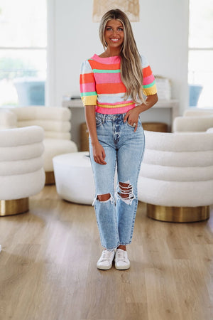 HAZEL & OLIVE Perfect Vision Crop Sweater - Neon Pink, Orange, Green and Blue