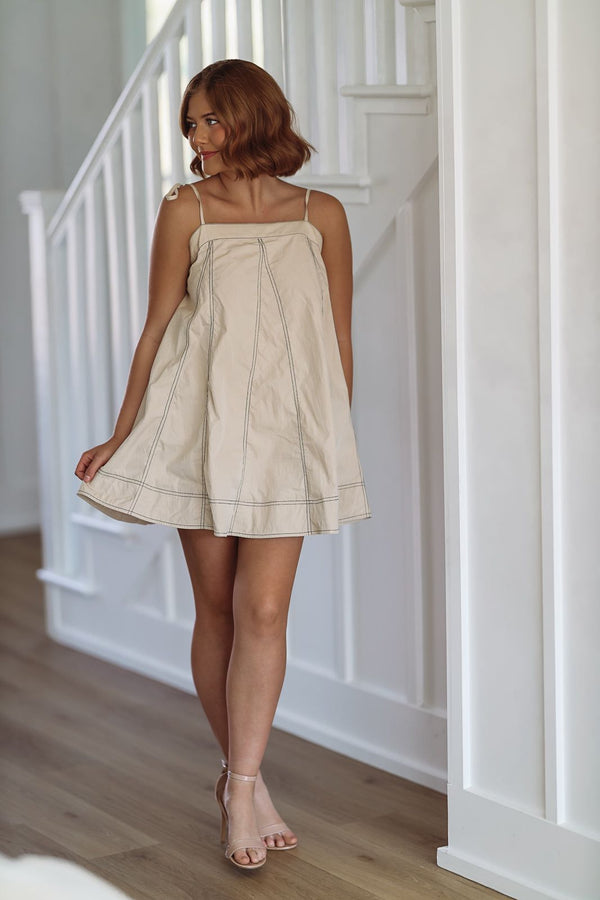 Play My Favorite Song Mini Dress - Taupe-HAZEL & OLIVE-Small-