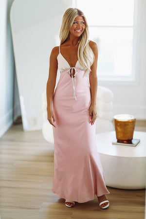HAZEL & OLIVE Pretty in Pink Maxi Slip Dress - Light Pink and Champagne