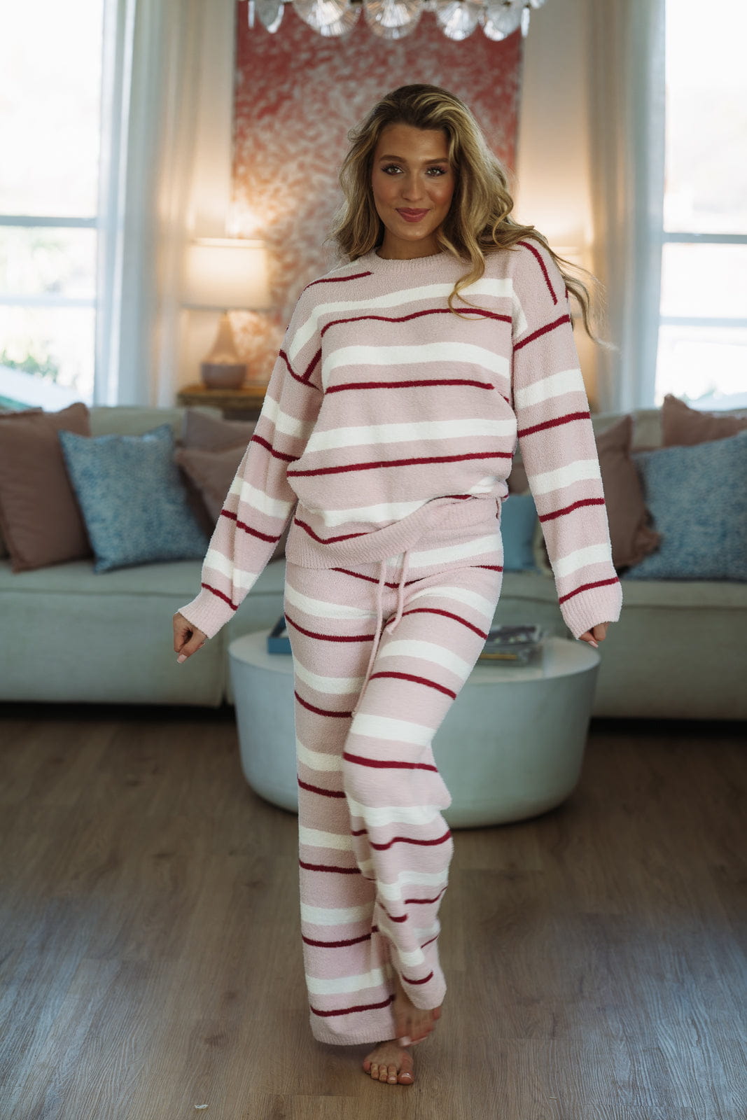 Hazel & Olive PWTP6945 A Striped Love Pant and Top Set - Pink and Cream