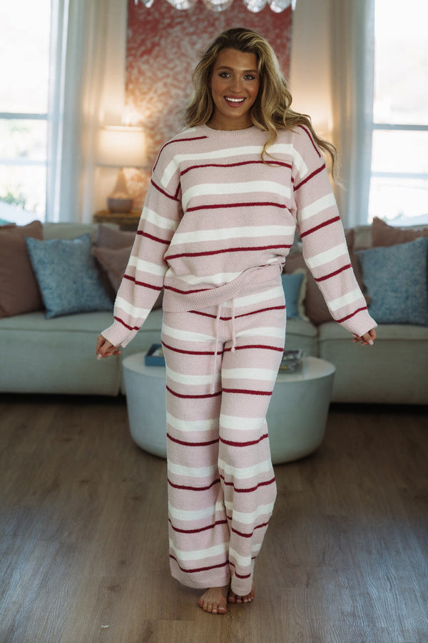 Hazel & Olive PWTP6945 A Striped Love Pant and Top Set - Pink and Cream