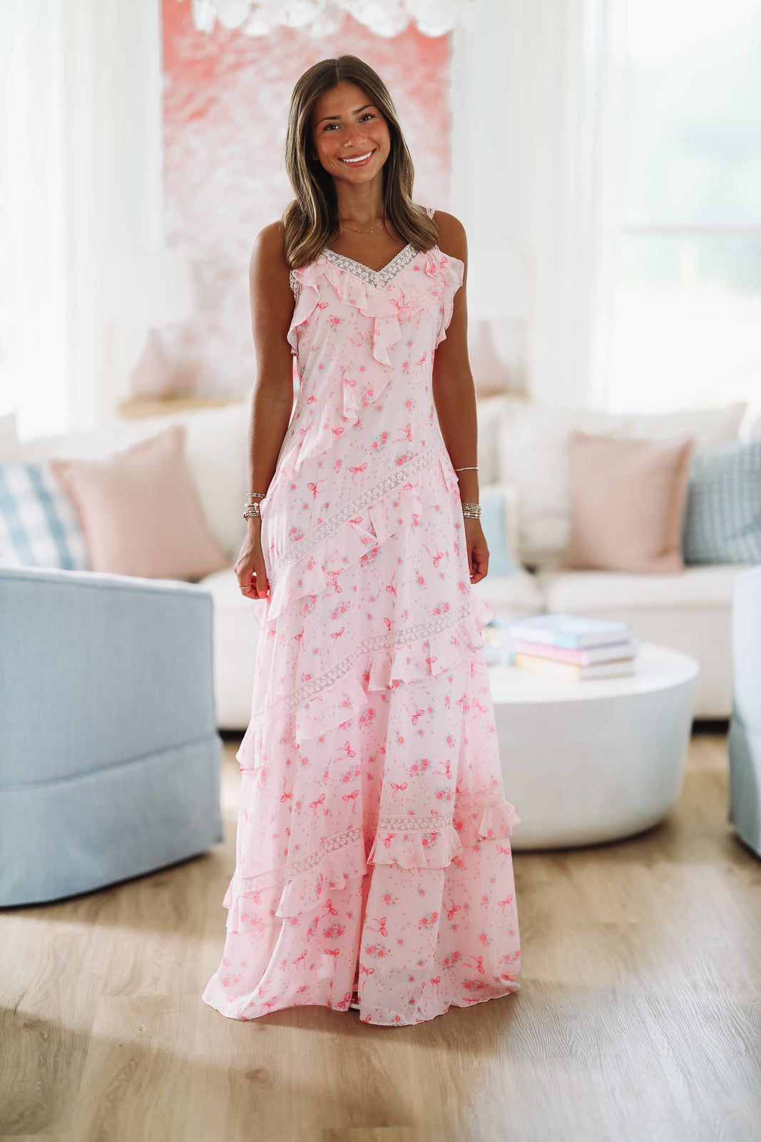 Roses and Bows Maxi Dress - Pink-Hazel & Olive R30482D/01-Small-