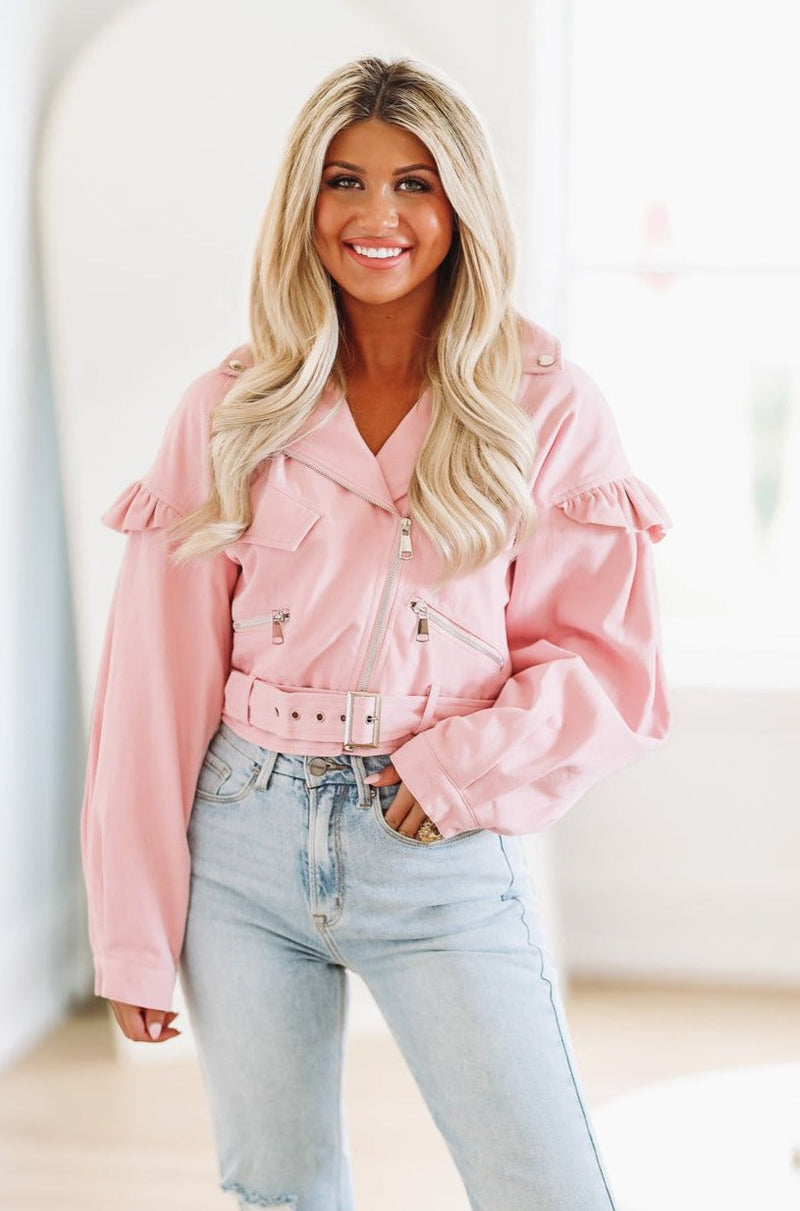 Ruffle Denim Jacket - Pink – Hazel & Olive