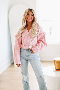 Ruffle Denim Jacket - Pink-HAZEL & OLIVE-Small-