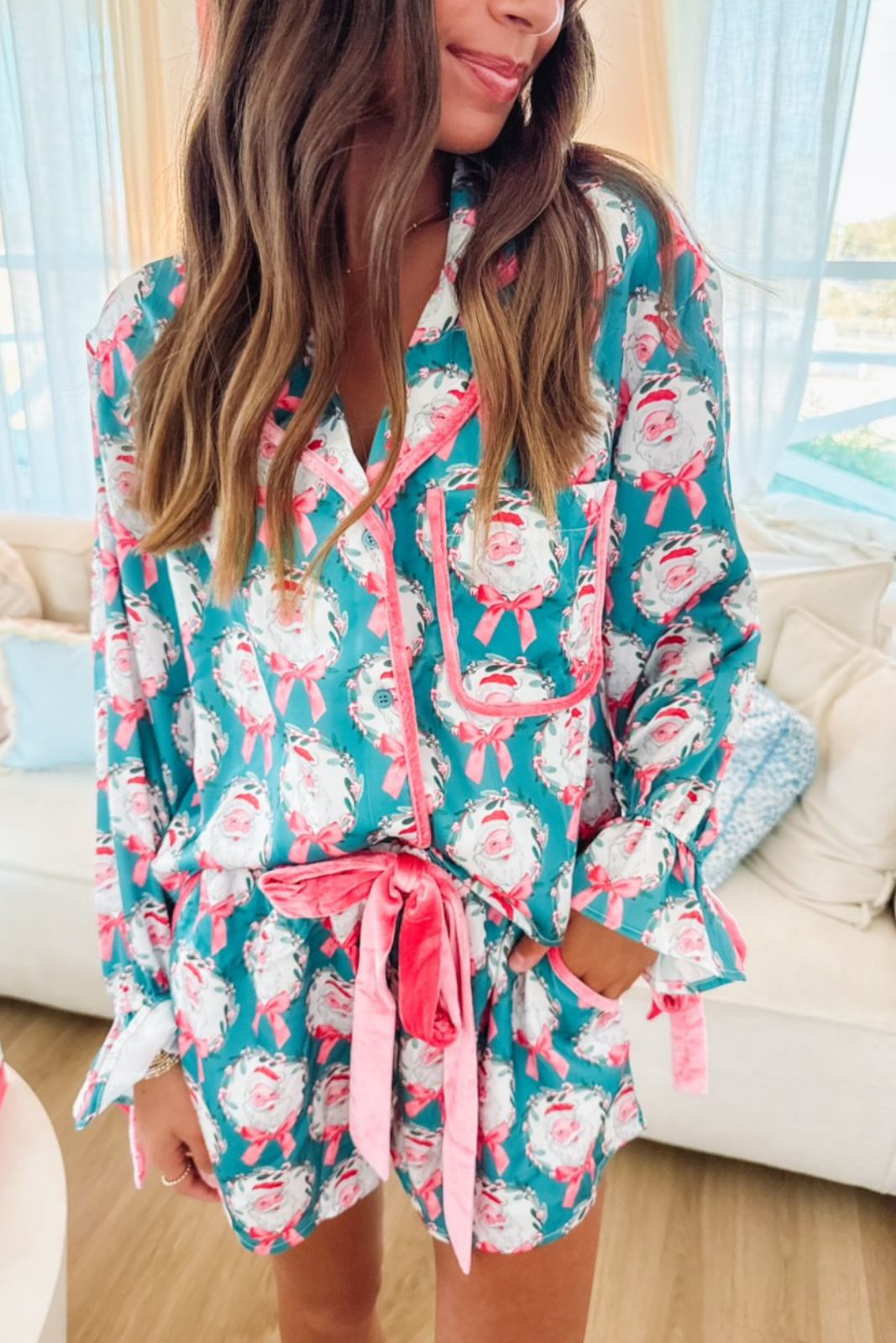 Santa Clause is Coming to Town Pajama Set - Teal Green-HAZEL & OLIVE-Small-