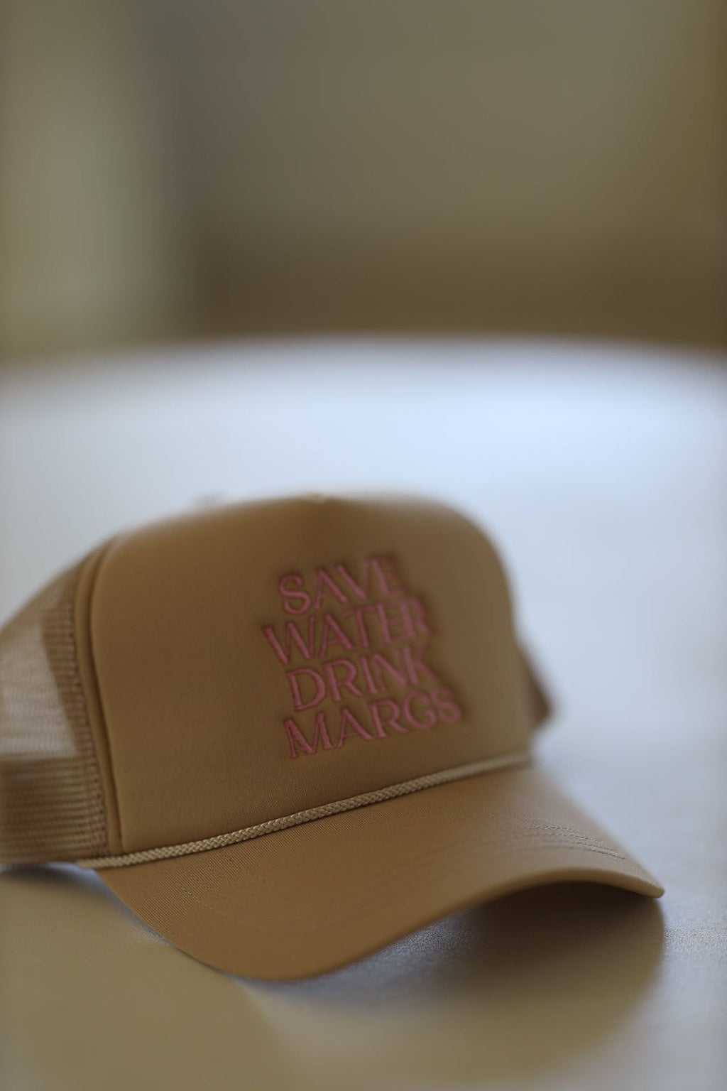HAZEL & OLIVE Save Water Drink Margs Embroidered Trucker Hat - Beige