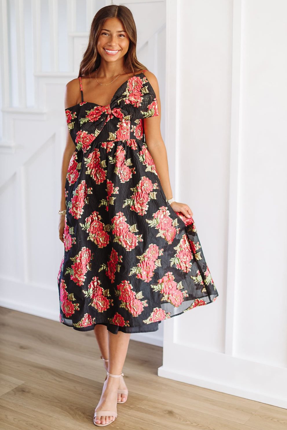Scarlett Blossom Midi Dress - Black and Fuchsia-HAZEL & OLIVE-XSmall-