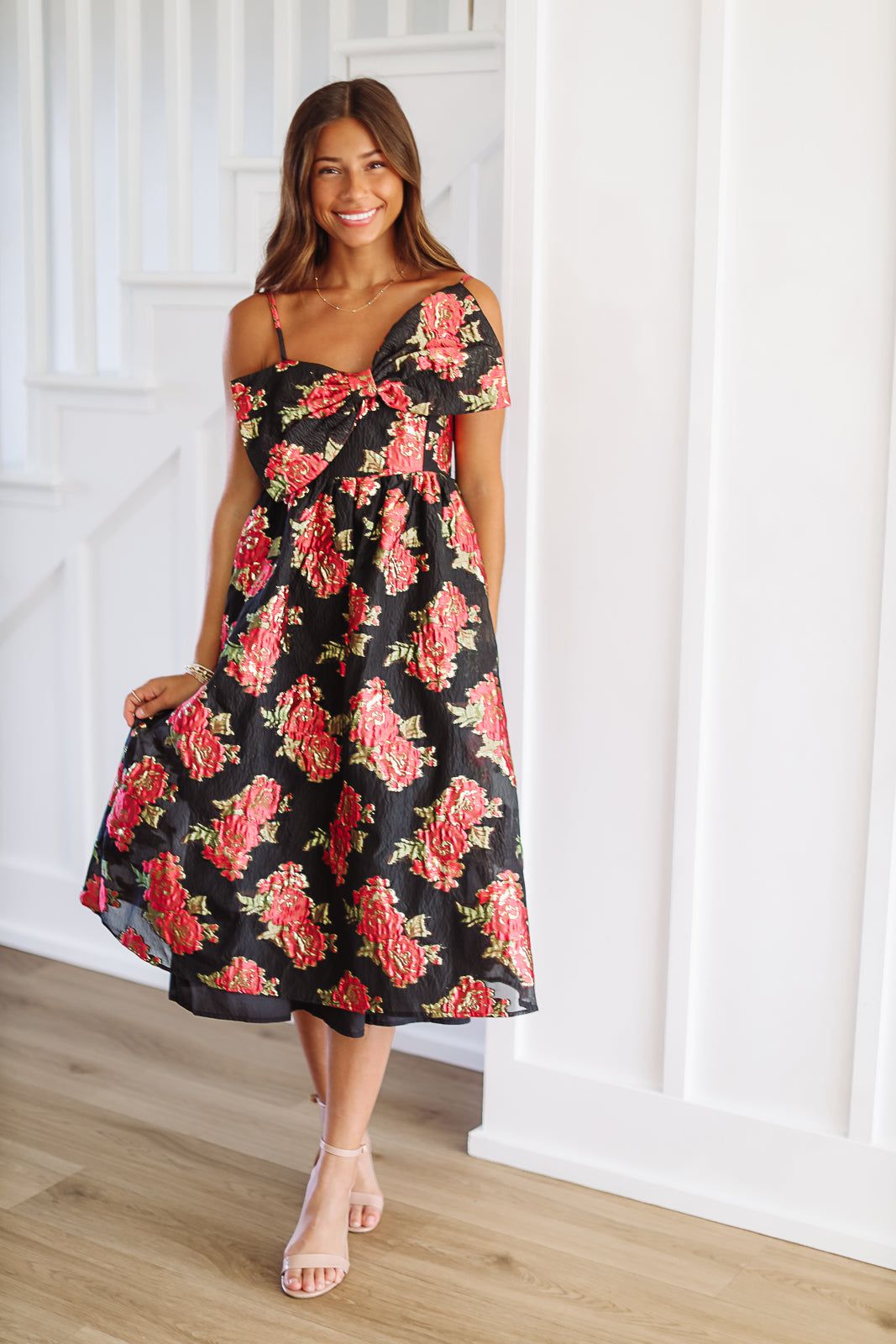 Scarlett Blossom Midi Dress - Black and Fuchsia-HAZEL & OLIVE-XSmall-