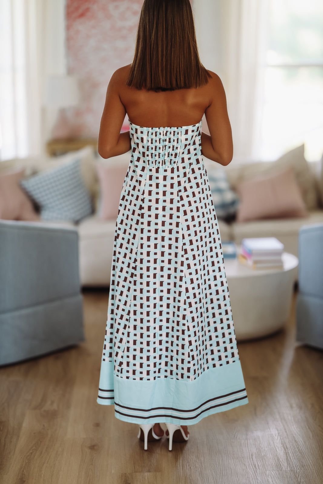 Eye Catcher Printed Strapless Maxi Dress - Brown and Light Blue Hazel & Olive Eye Catcher Printed Strapless Maxi Dress - Brown and Light Blue Hazel & Olive