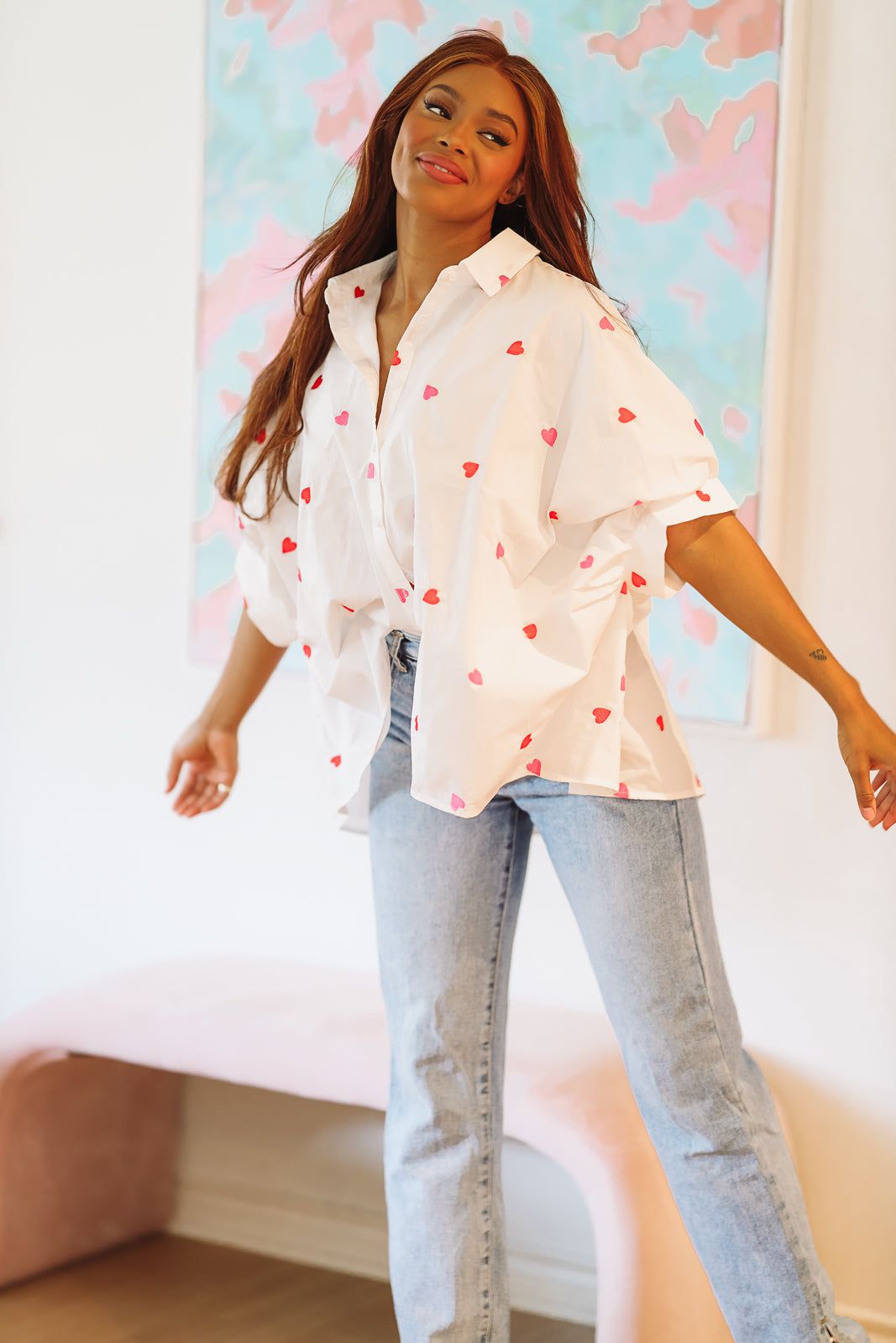 Seeing Hearts Button Down Shirt White Pink and Red – Hazel Olive