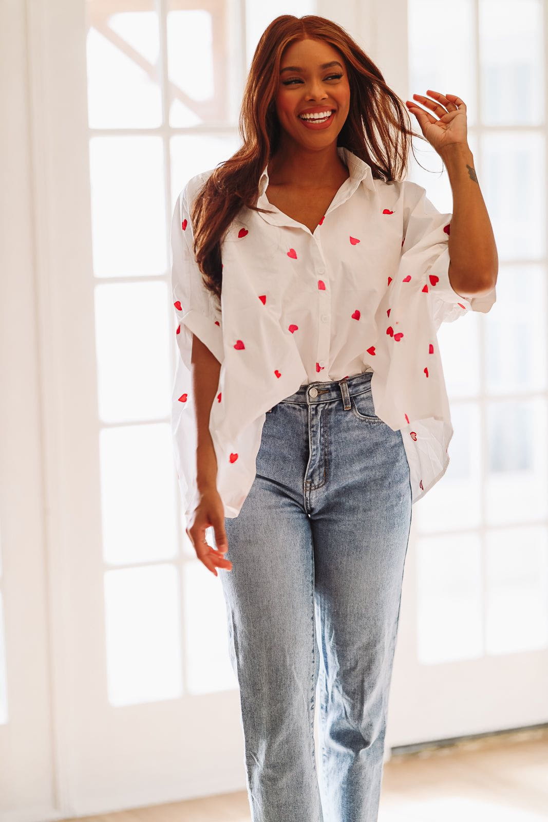 Seeing Hearts Button Down Shirt - White Pink and Red
