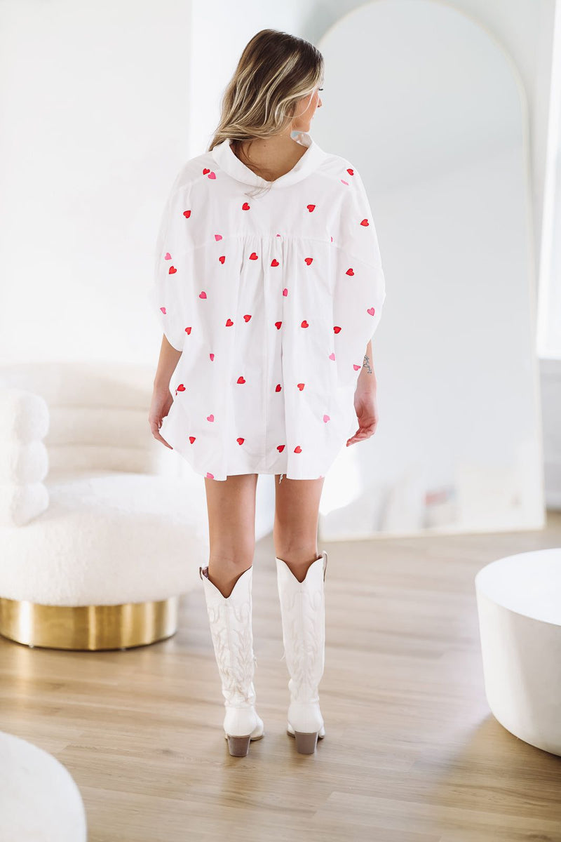 white dress with red hearts Heart On a Cloud Dress Teuta Matoshi This playful white dress boasts puff sleeves and skirt El Corazon Halterneck Dress Heart