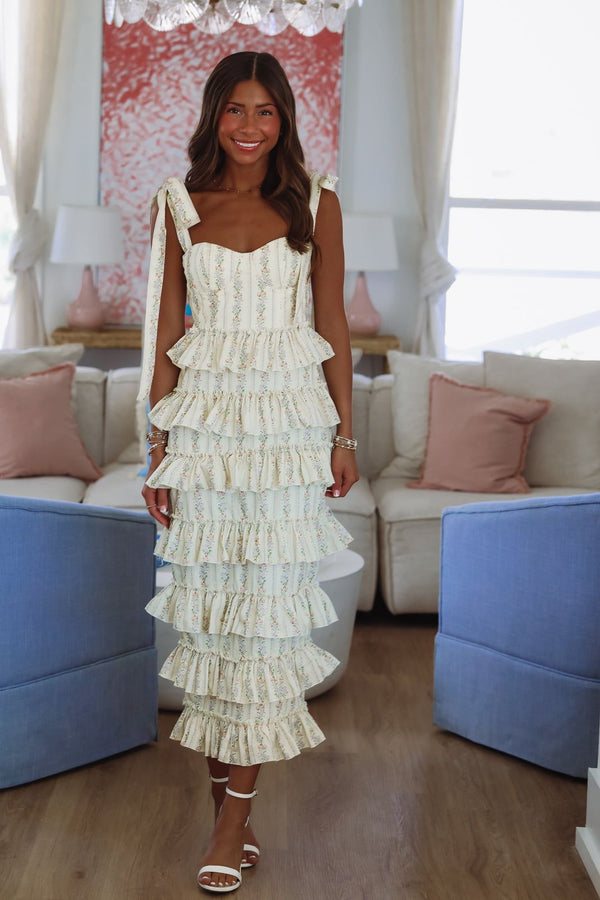 She's Stunning Floral Midi Dress - Light Yellow-HAZEL & OLIVE MD4552B-Small-