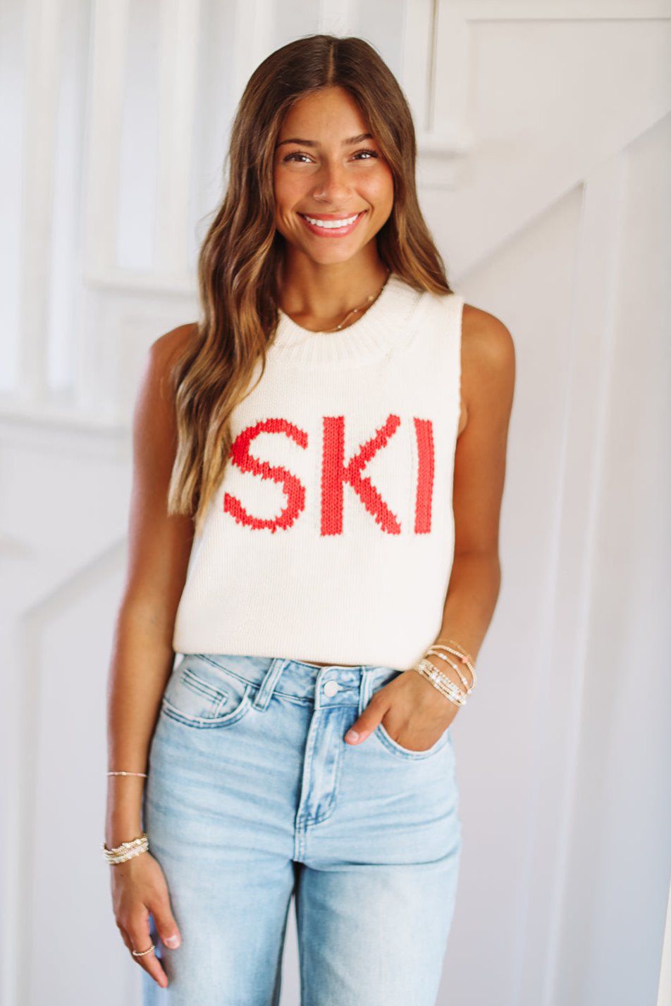 Ski Chunky Cropped Sweater - Cream and Red-HAZEL & OLIVE-XSmall-