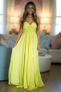 Hazel & Olive SM/21083A The Pleated Halo Maxi Dress - Lemon Yellow