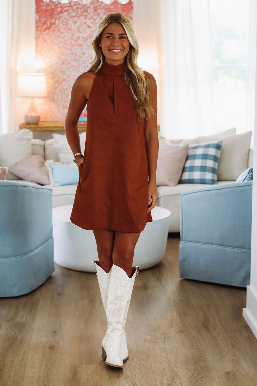 Hazel & Olive SM/D20949A Born to Outshine Suede Mini Dress - Camel