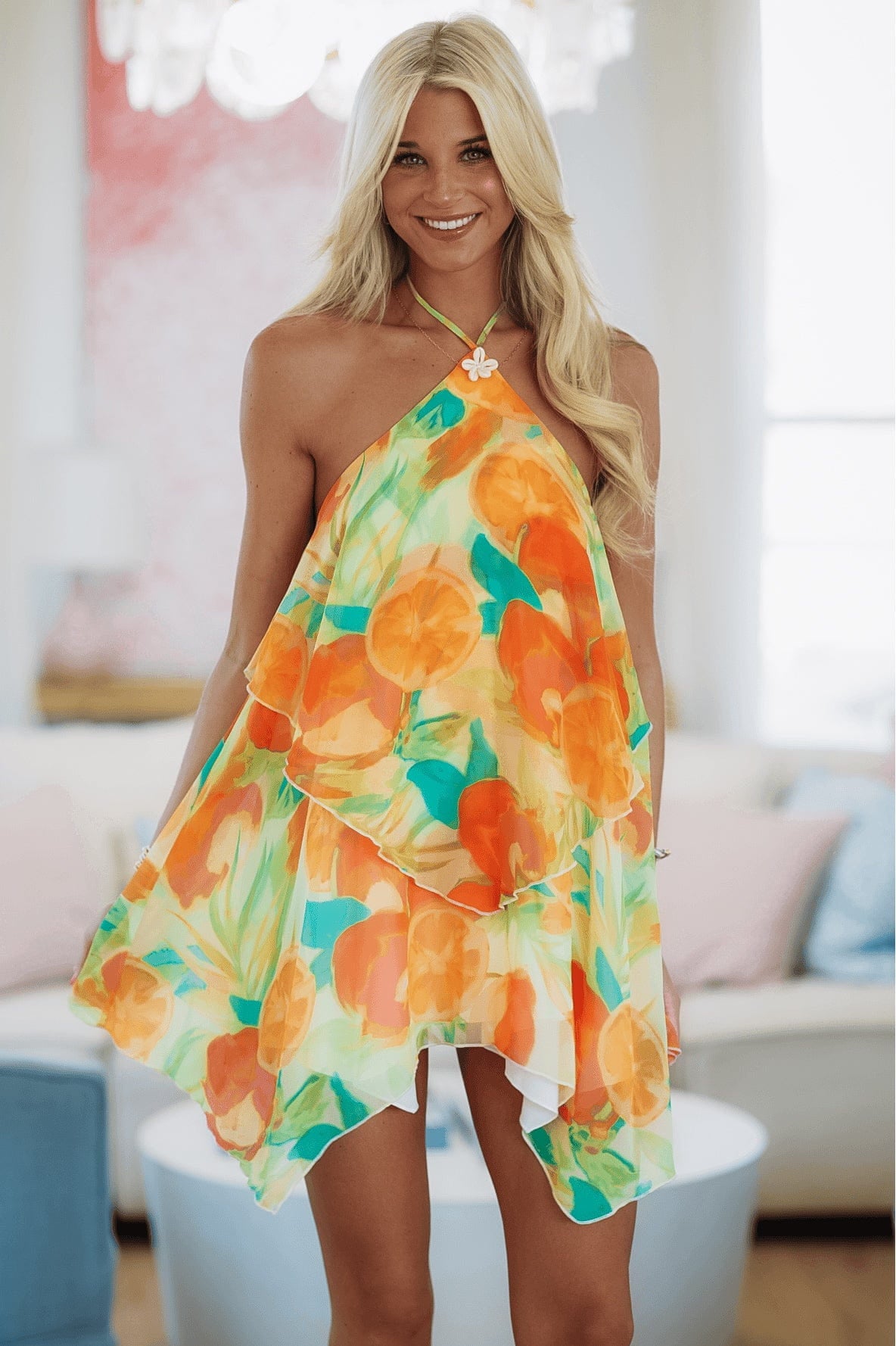 Hazel & Olive SM/D21209B Sunset Cabana Mini Dress - Orange and Green