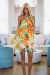 Hazel & Olive SM/D21209B Sunset Cabana Mini Dress - Orange and Green