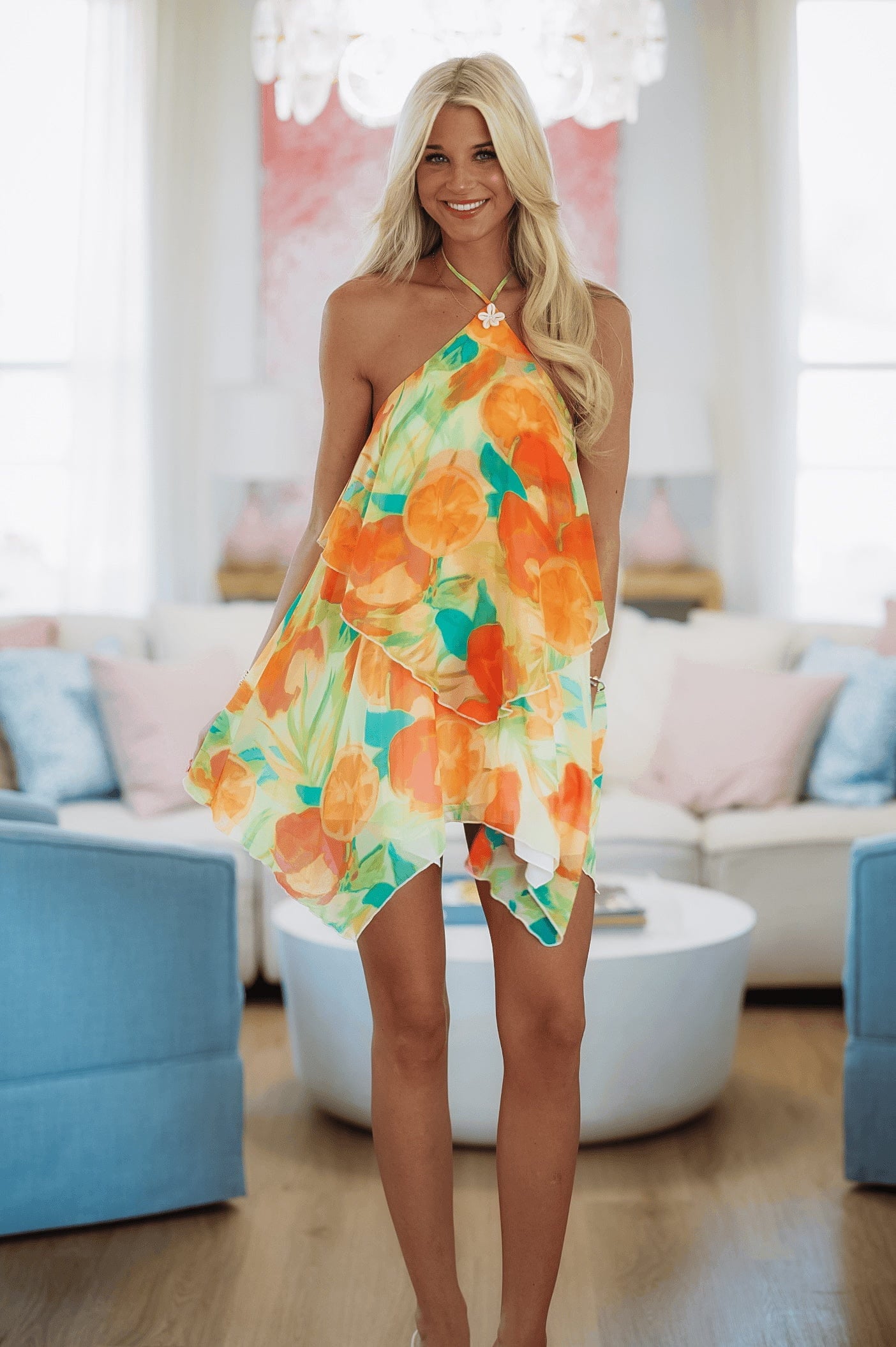Hazel & Olive SM/D21209B Sunset Cabana Mini Dress - Orange and Green
