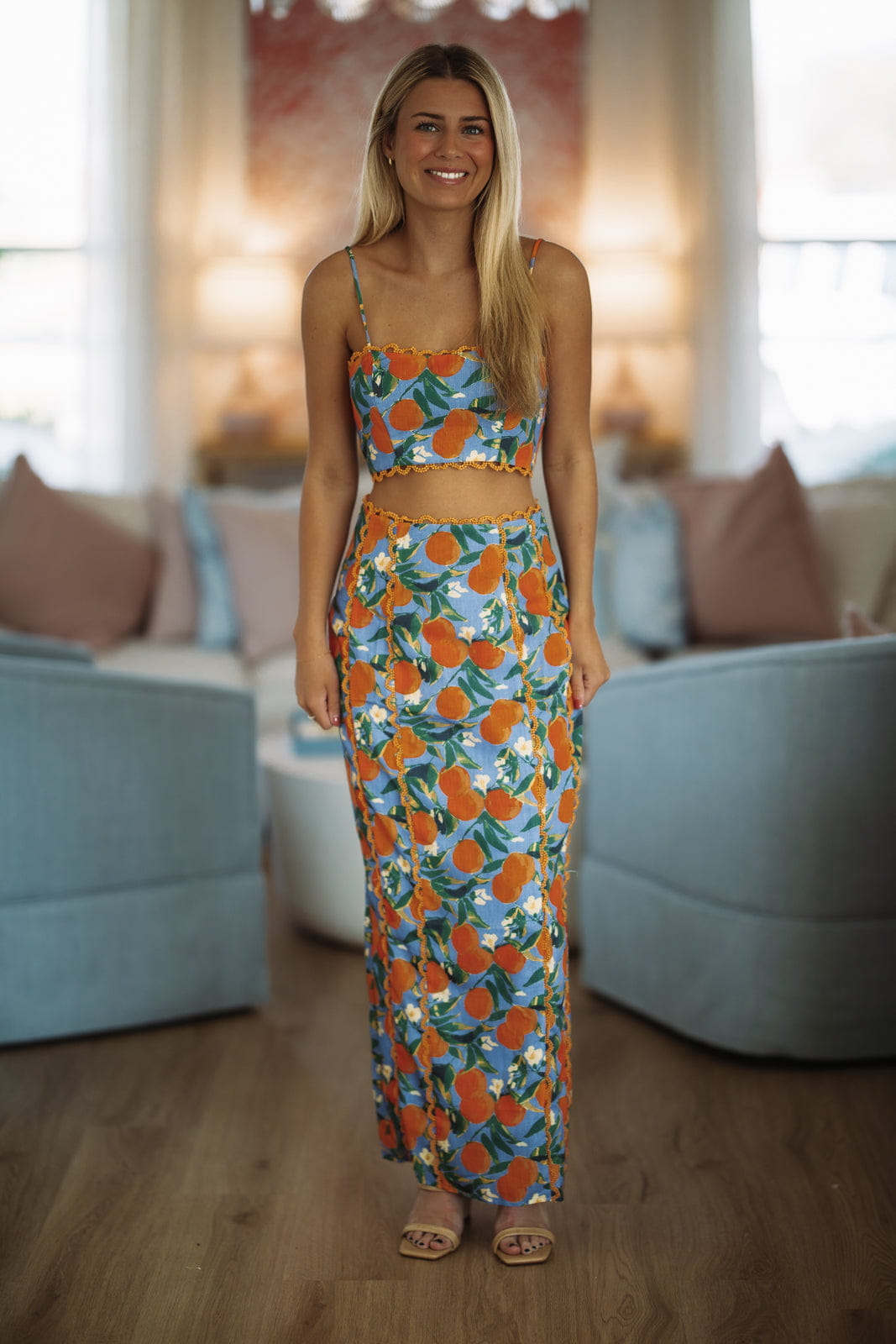 Hazel & Olive ST4068D14/S Barefoot Grove Maxi Skirt - Orange and Blue