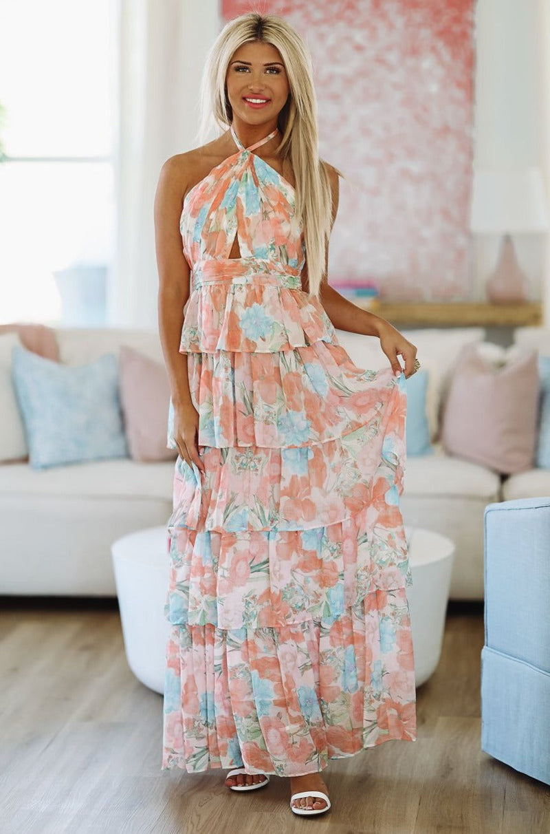 maxi dress peach color Reiss Petite Satin Halterneck Maxi Dress in Peach