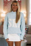 Hazel & Olive SWT2543 Ski Time Oversized Sweater - Light Blue and Ivory