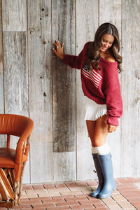 Hazel & Olive TC30622-Brandi Red, White and Cute Sweater - Burgundy