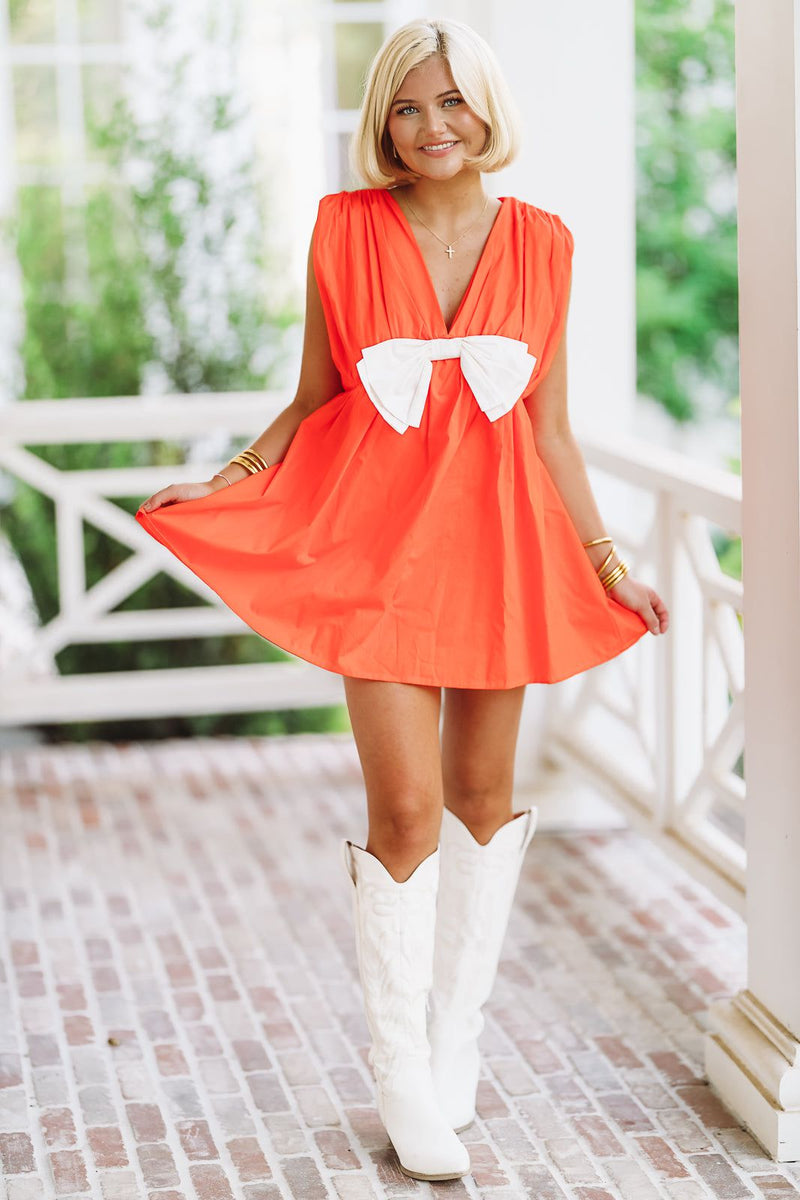The Bow Poplin Mini Romper Dress - Orange and White-HAZEL & OLIVE-Small-