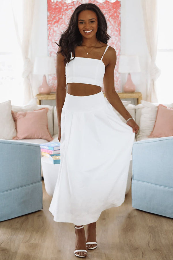 The Keeper Crop Top and Midi Skirt Set - White-HAZEL & OLIVE MST8218-Small-