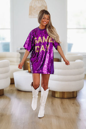 HAZEL & OLIVE Touchdown Time Sequin Gameday Shirt Dress - Purple and Gold