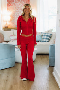 HAZEL & OLIVE TP80090/Cherry Gretchen Knit Zip up Hoodie - Red