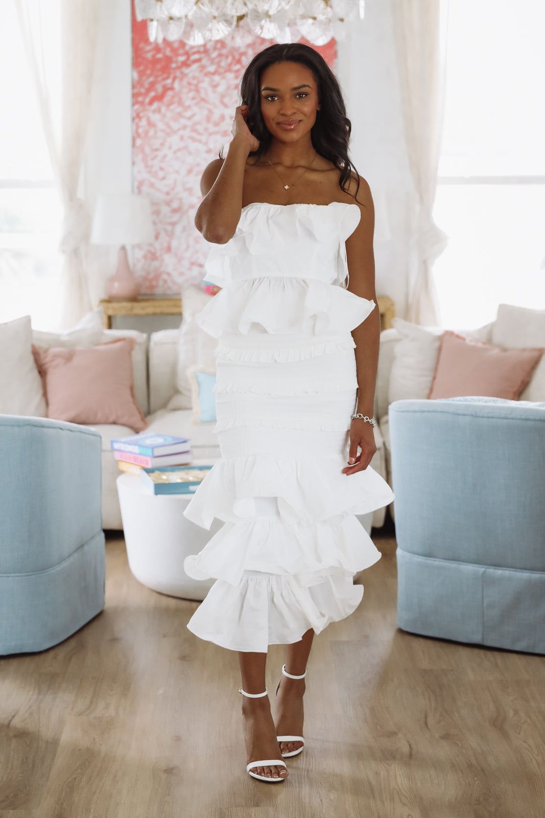 Tranquil Ruffle Top and Maxi Skirt Set - White-HAZEL & OLIVE MST8098-Small-