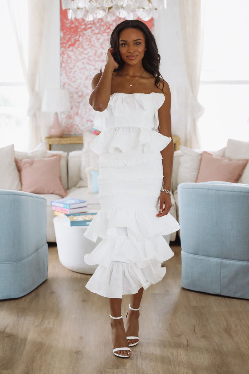 Tranquil Ruffle Top and Maxi Skirt Set - White-HAZEL & OLIVE MST8098-Small-