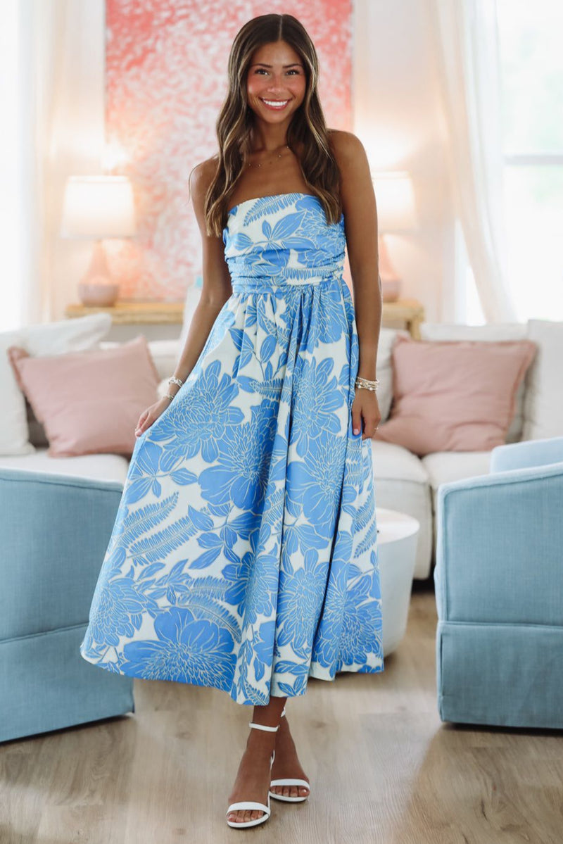 Tropical Paradise Midi Dress - Blue and White - Small Tropical Paradise Midi Dress - Blue and White - Small