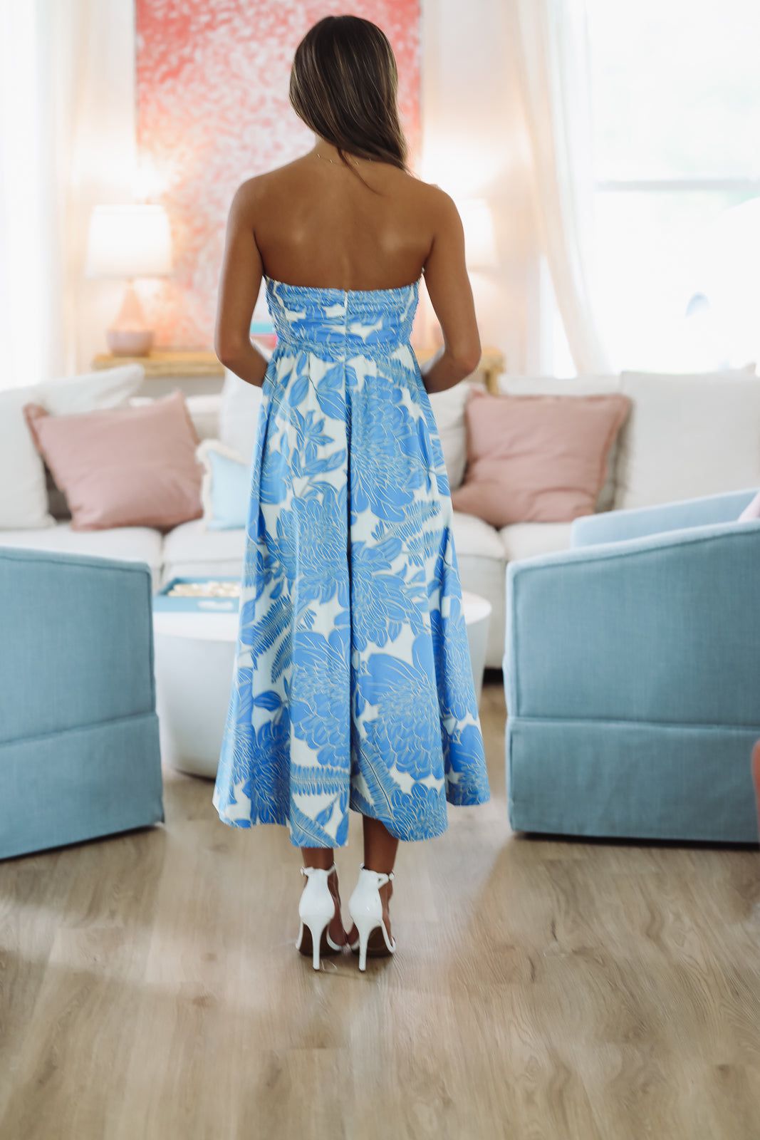 Tropical Paradise Midi Dress - Blue and White - Small Tropical Paradise Midi Dress - Blue and White - Small