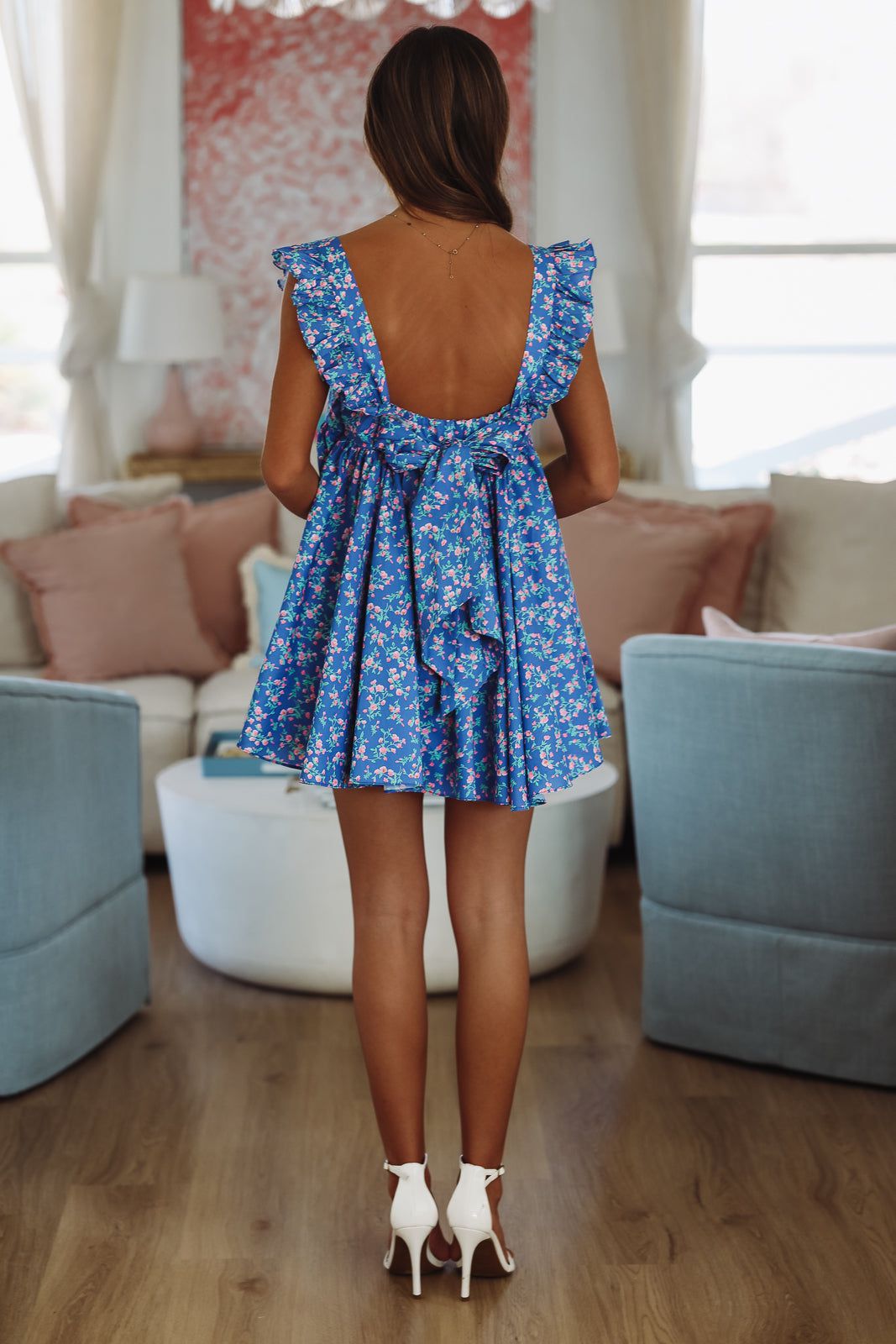 santorini mini dress Santorini Eyelet Lace Waist Open Back Mini Dress
