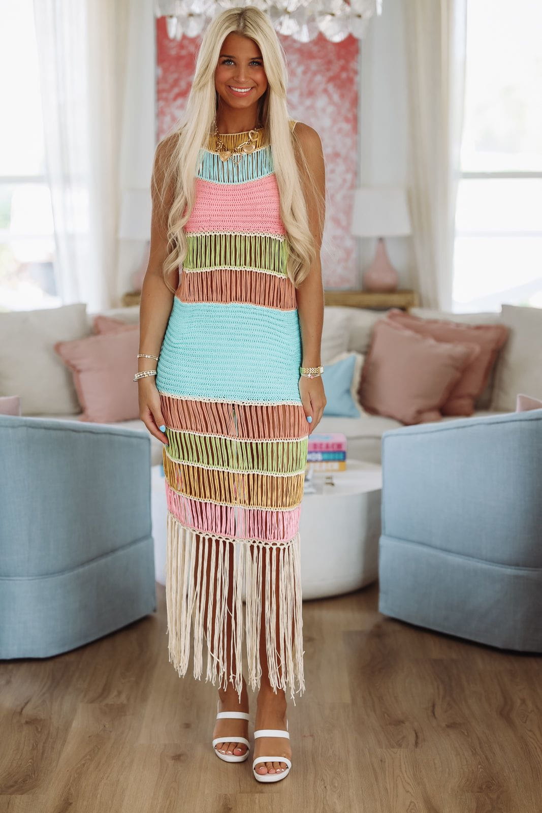 Vacation Worthy Crochet Maxi Coverup Dress - Aqua, Pink and Green Hazel & Olive Vacation Worthy Crochet Maxi Coverup Dress - Aqua, Pink and Green Hazel & Olive