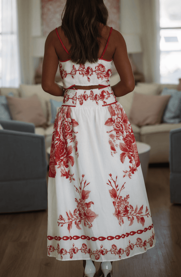 Hazel & Olive VIST53387 Bloom Theory Crop Top and Maxi Skirt - White and Red