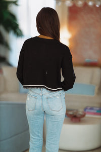 Wait For You Crop Sweater Cardigan - Black and White-HAZEL & OLIVE-Small-