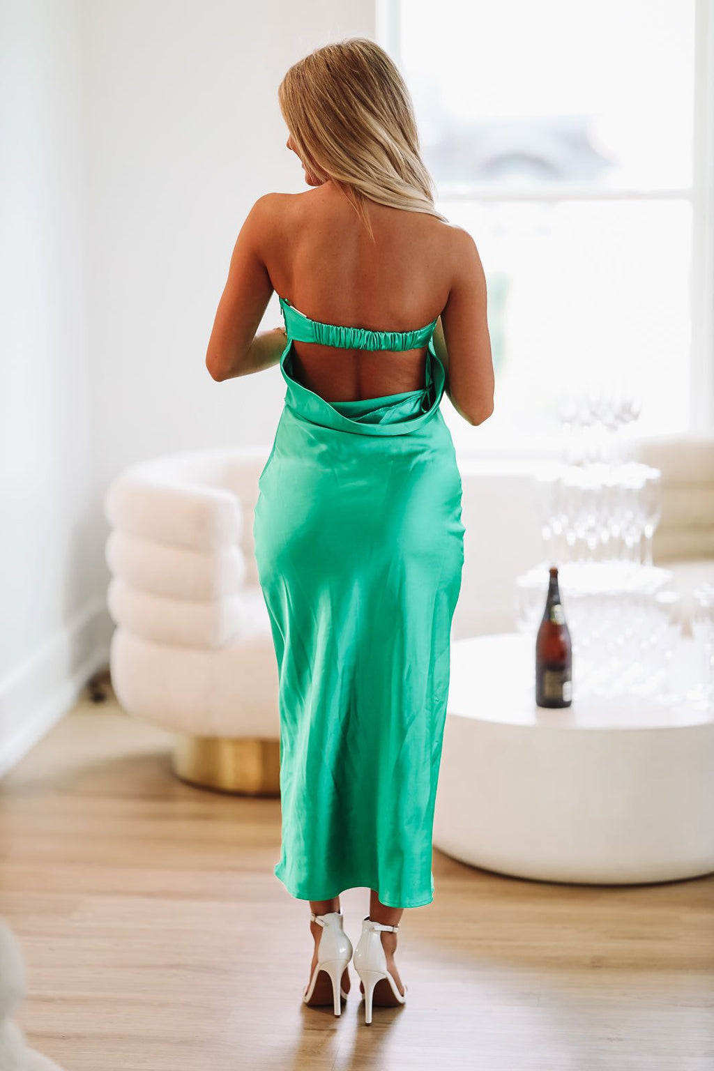 HAZEL & OLIVE Wedding Guest Satin Midi Dress - Green