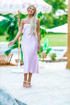 HAZEL & OLIVE Wedding Guest Satin Midi Dress - Lavender