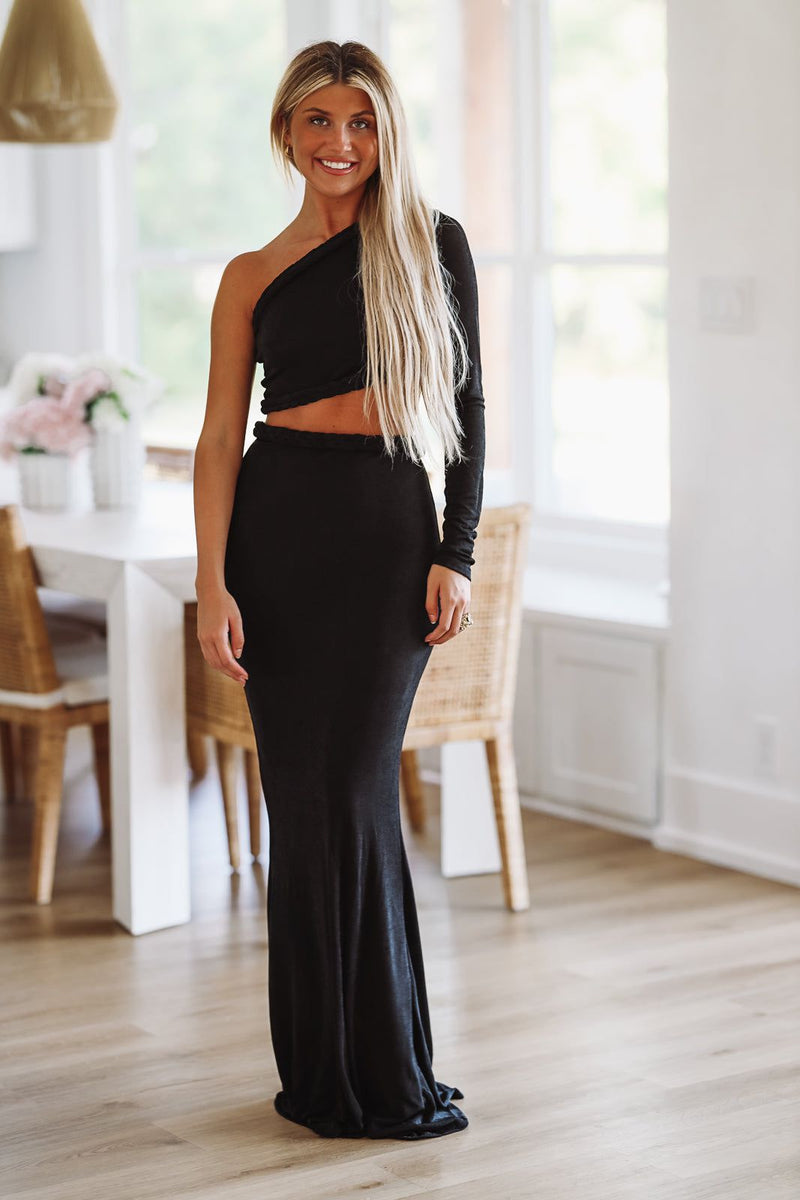 HAZEL & OLIVE When in Cabo Two Piece Crop Top and Maxi Skirt Set - Black