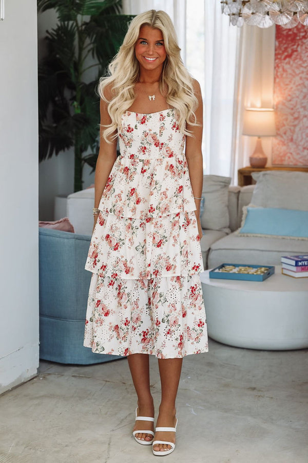 Willow Grace Midi Dress - Cream, Red and Pink-HAZEL & OLIVE S127D/1-Small-