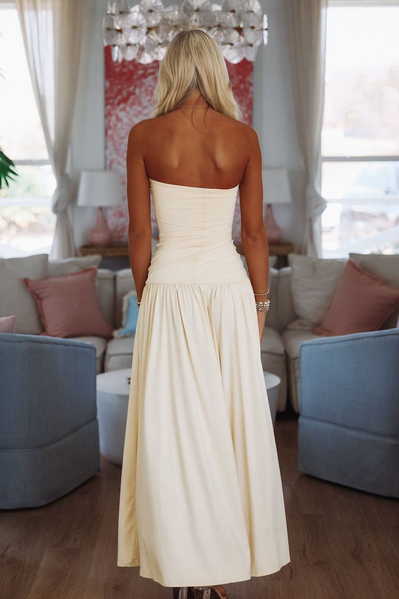 cream yellow dress Petal and Pup Women's Ciao Ruffles Maxi Satin up Strapless Lined Perfect for formal or prom! Worldly Romance Maxi Dress -