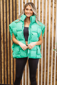 Woven Checks Puffer Vest - Kelly Green-HAZEL & OLIVE-Small-